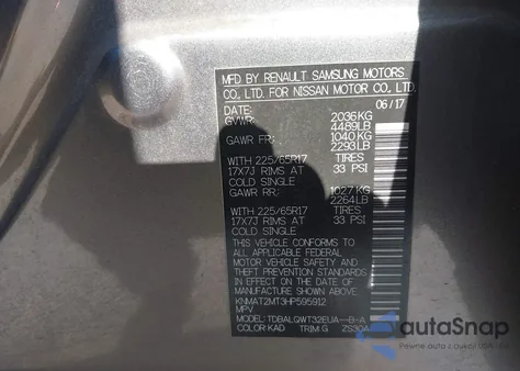 2017 Nissan Rogue Sv z USA, uszkodzony, nr VIN KNMAT2MT3HP595912